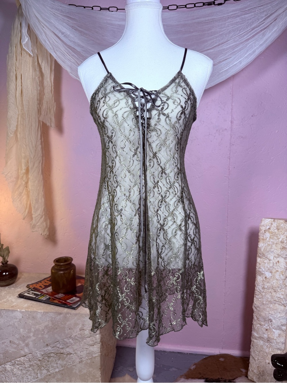 Vintage Olive Green Sheer Lace-Up Slip Dress Fairy Grunge Babydoll Mini Dress
